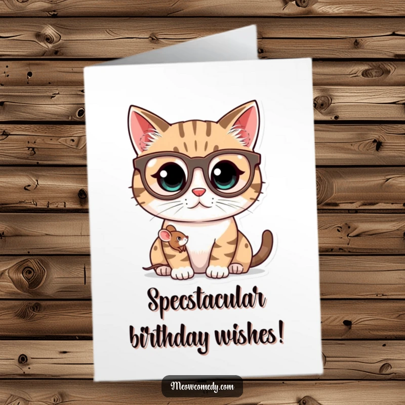 Funny Free Printable Birthday Card: Kawaii cat with big glasses peeks at a tiny mouse friend, a humorous downloadable greeting.