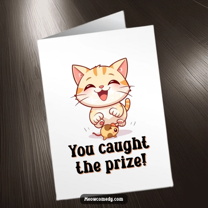 Funny Free Printable Congrats Card showing a happy cat joyfully pursuing a bouncing mouse toy, capturing excitement.