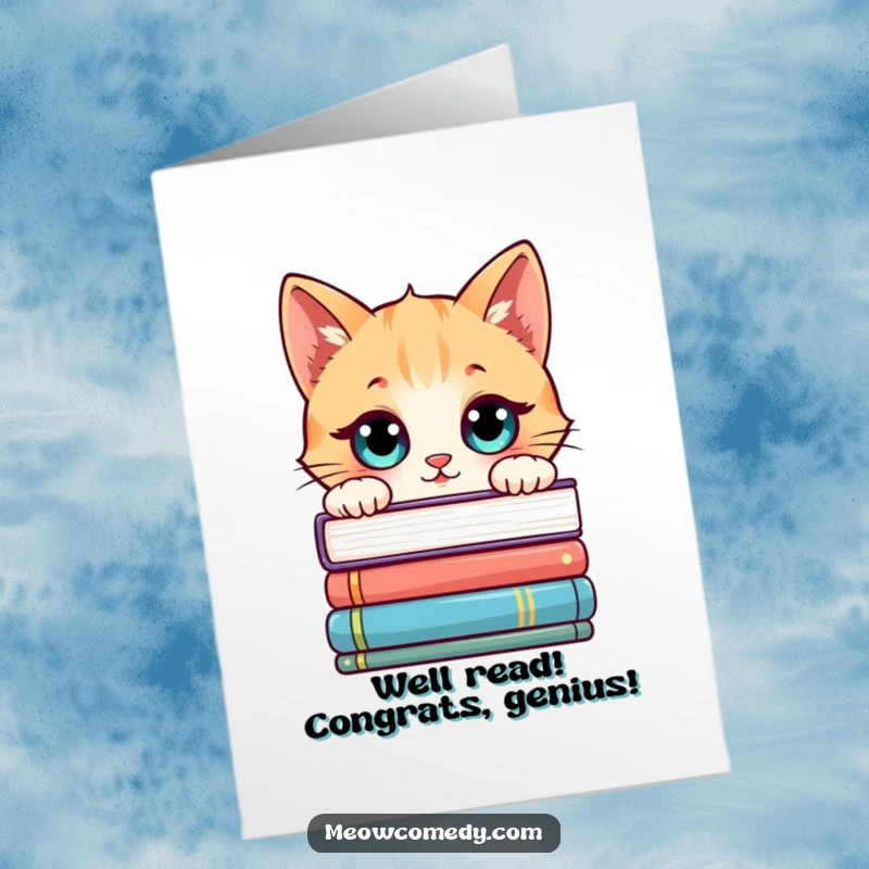 Free Printable Congrats Card: Kawaii cat with wide, curious eyes peeking over a stack of books, literary.