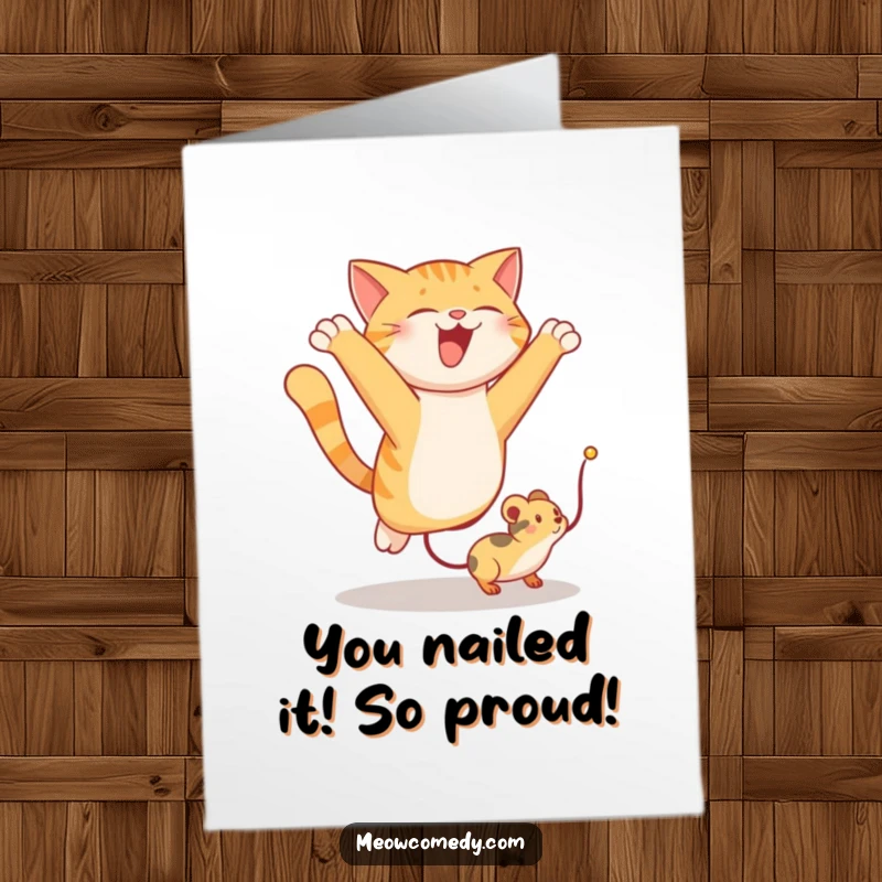 Funny Free Printable Congrats Card: Excited Cat Mid-Leap, Aiming to Catch a Dangling Toy Mouse with Zeal.