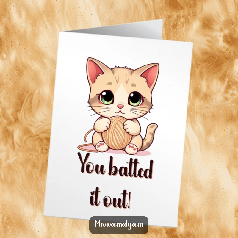 Funny Free Printable Congrats Card: A cute cat with wide, huge eyes intensely bats at a mischievous yarn ball.
