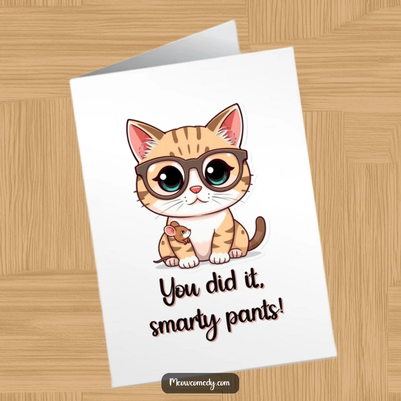 Funny Free Printable Congrats Card: Kawaii cat in oversized spectacles looking at a tiny mouse friend, a sweet and humorous download.
