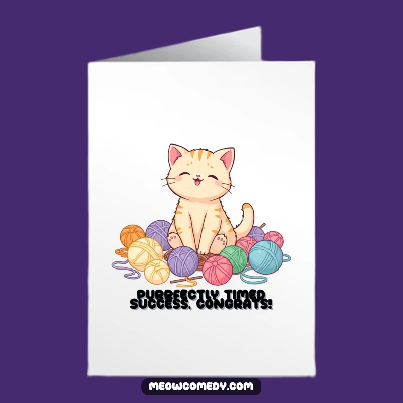 Free Printable Congrats Card: Pleased Kawaii Cat Yarn Mountain - Print at Home