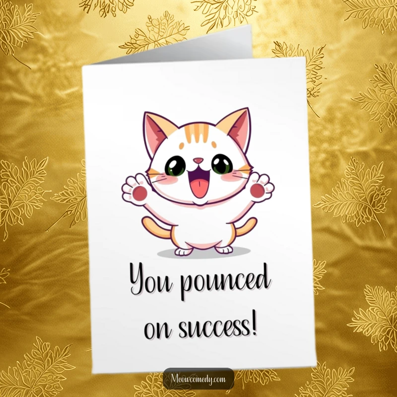 Funny Free Printable Congrats Card: An excited cat performs a playful pounce, a delightful downloadable gift for celebrations.