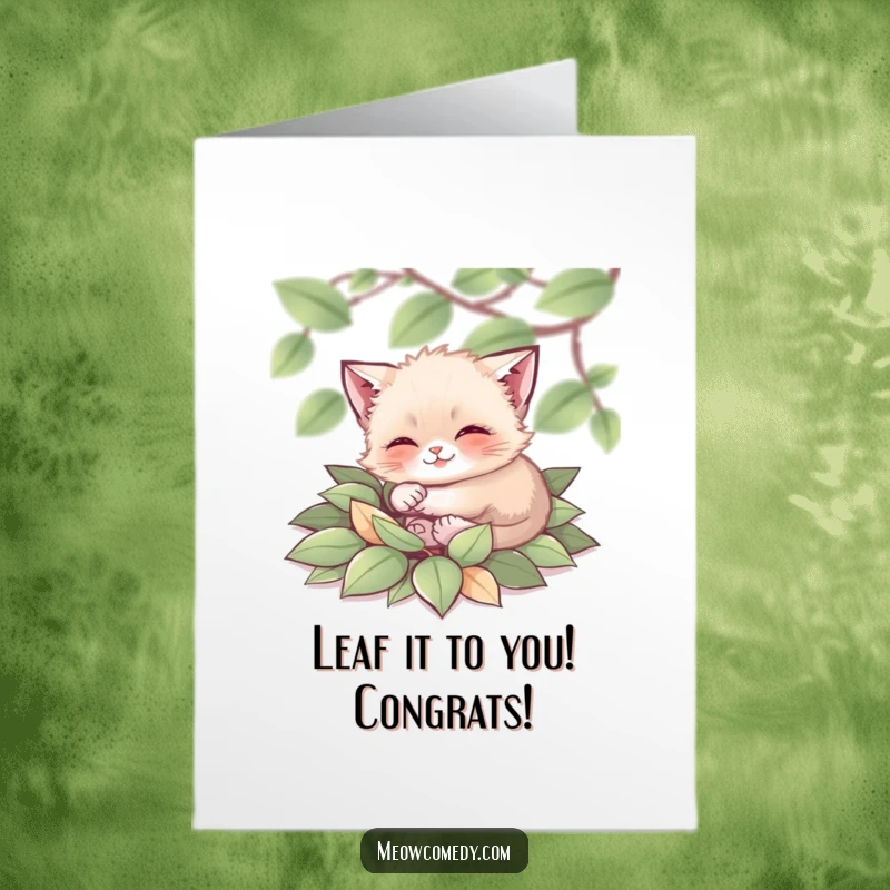 Funny Free Printable Congratulations Card: A tiny cat blissfully rolls in a mound of soft leaves, celebrating your good news.