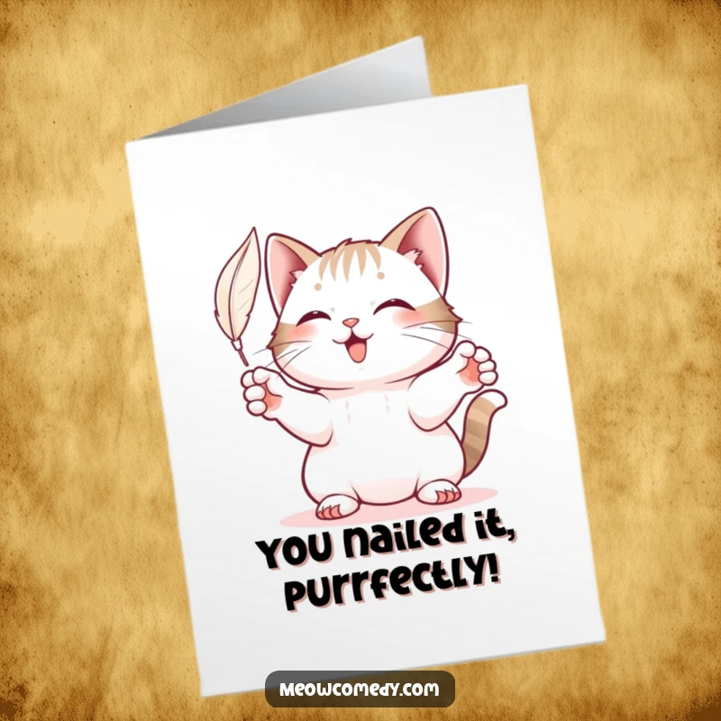 Funny Free Printable Congrats Card showing a playful cat reaching for a feather, celebrating success.