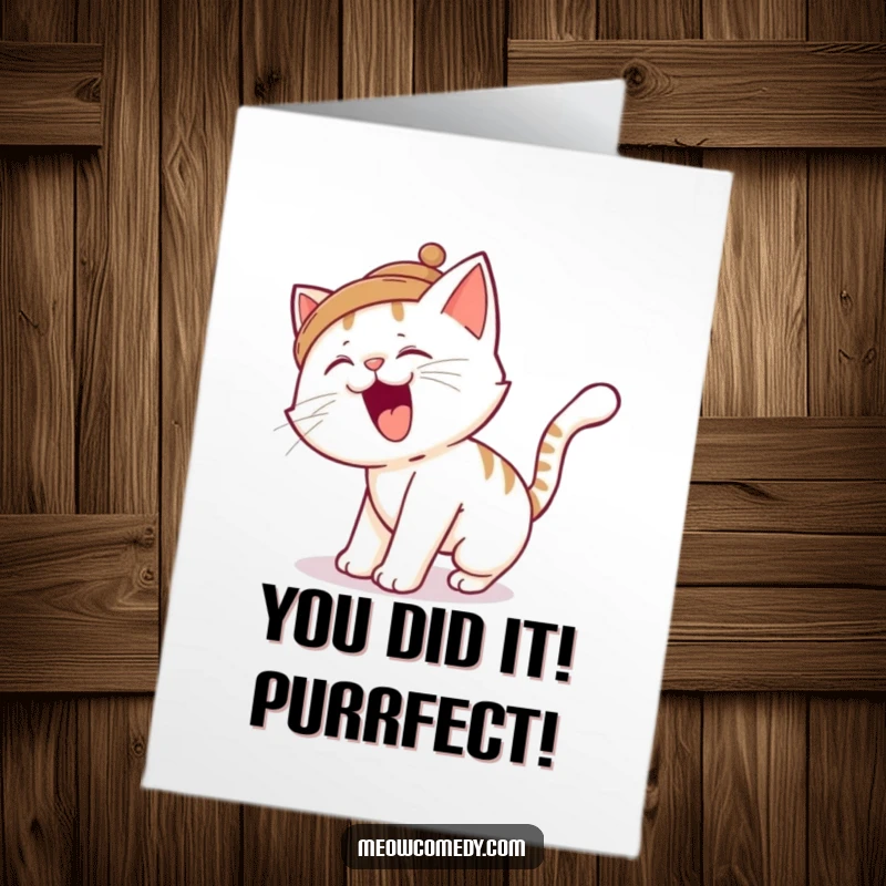 Funny Free Printable Congratulations Card: a silly cat comically trips, celebrating a win with a tiny hat.