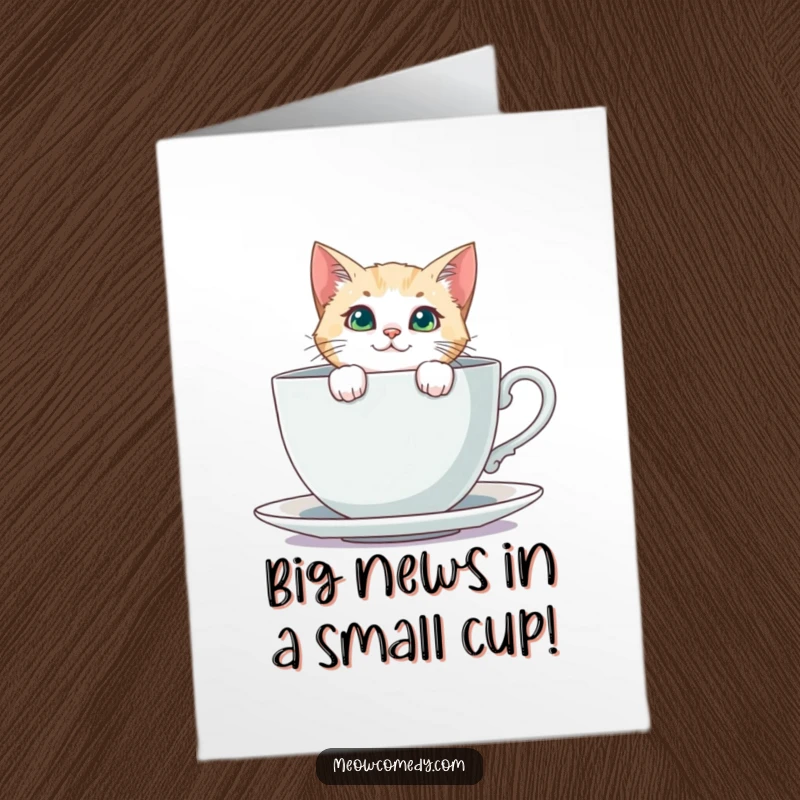Funny free printable congratulations card of a curious cat peeking from behind a giant teacup, celebrating news.