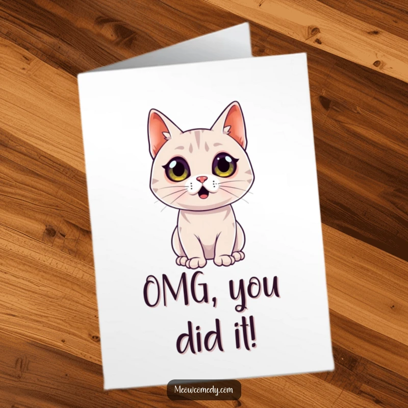Funny free printable congratulations card of a sleek cat with eyes wide open in utter surprise, celebrating news.