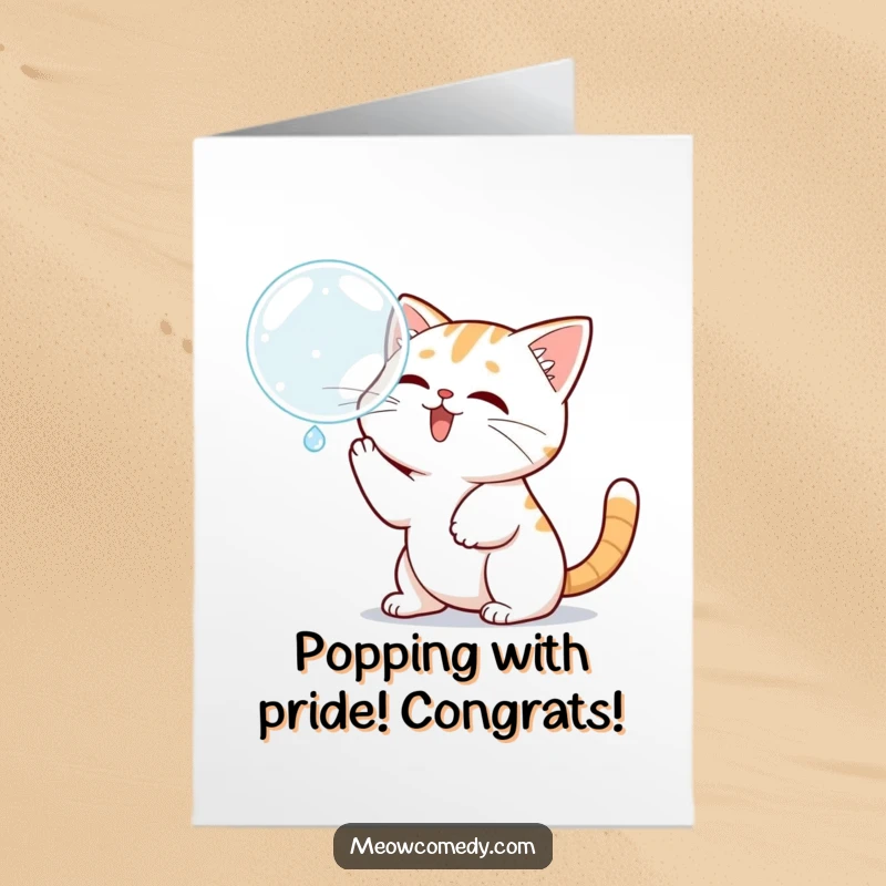 Free Printable Congrats Card: Kawaii cat playfully batting its paw at a shimmering floating bubble, joyful.
