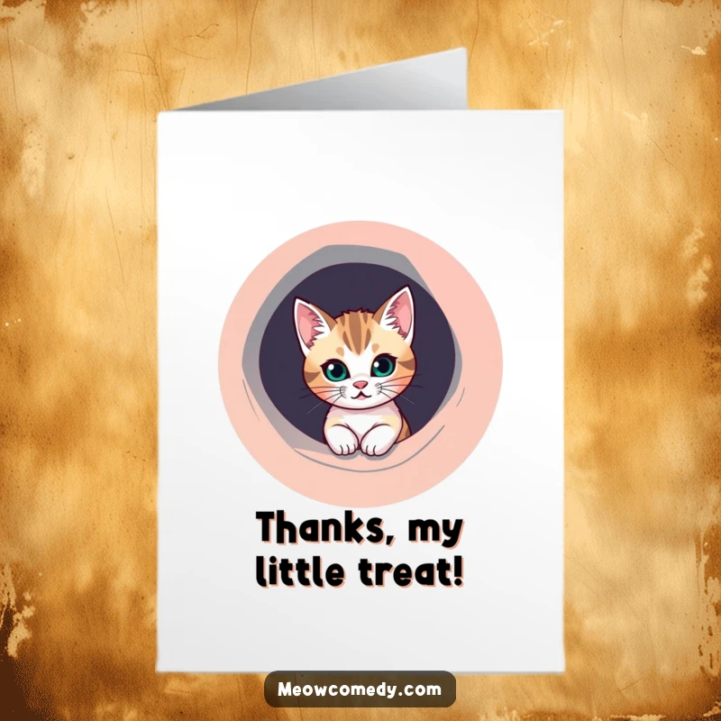 Funny Free Printable thank you card with a mischievous cat peeking out from a bright, round hole, offering thanks.