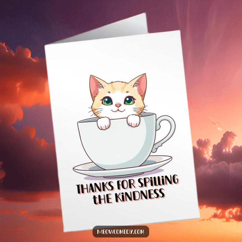Funny free printable thank you card: a curious cat peeks out from behind a very large teacup.
