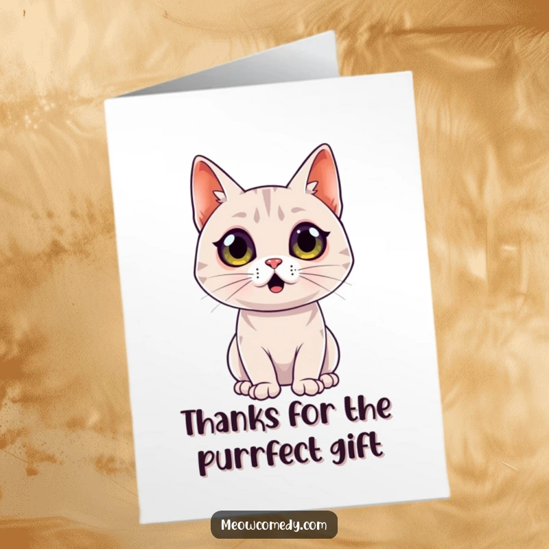 Funny free printable thank you card: a sleek cat looks shocked with wide eyes, perfect for an unexpected thank you.