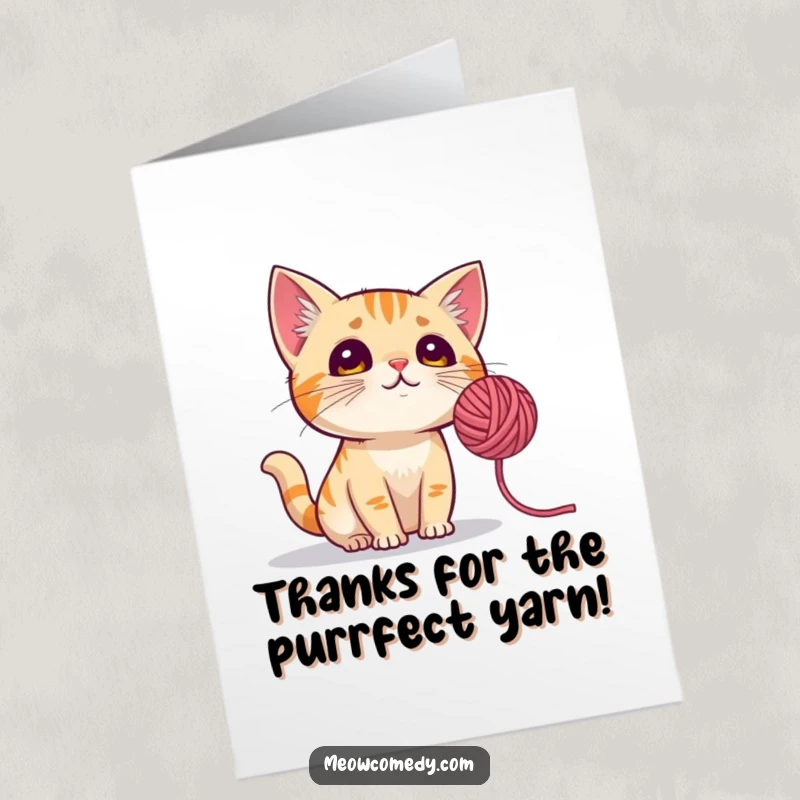 Funny Free Printable Thank You Card depicting a curious cat mesmerized by a spinning ball of yarn, offering thanks.