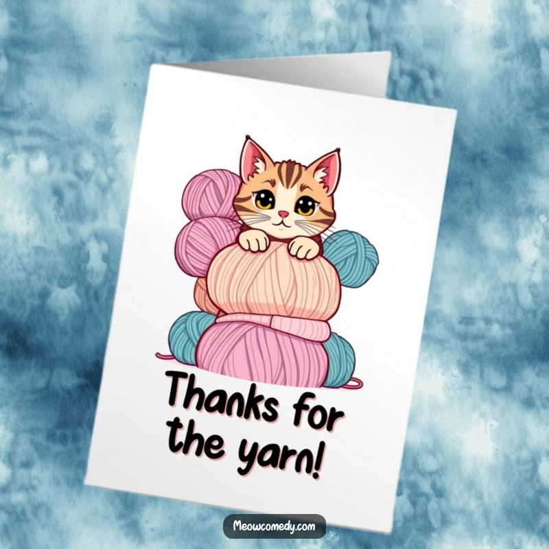 Funny Free Printable Thank You Card with a mischievous cat peeking over a tall stack of colorful yarn balls.