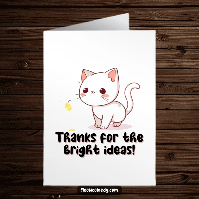 Funny Free Printable Thank You Card: A curious cat intently watches a magical firefly, a unique way to say thank you.
