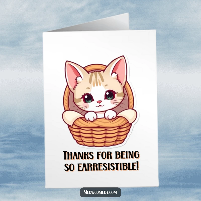 Funny Free Printable Thank You Card: A kawaii cat with oversized ears peeks out curiously from a snug basket.