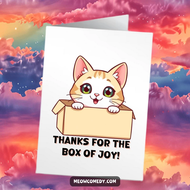 Funny Free Printable Thank You Card: An excited cat peeks from a box, offering thanks with wide, happy eyes.