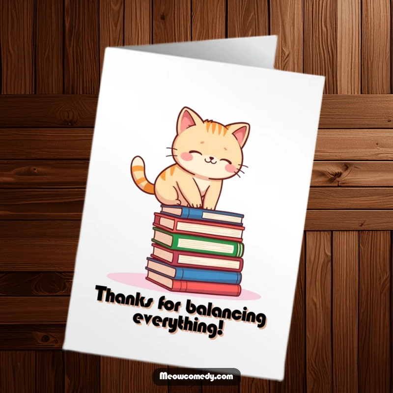 Funny free printable thank you card: Kawaii cat wobbles on books, expressing thanks with wide, grateful eyes.