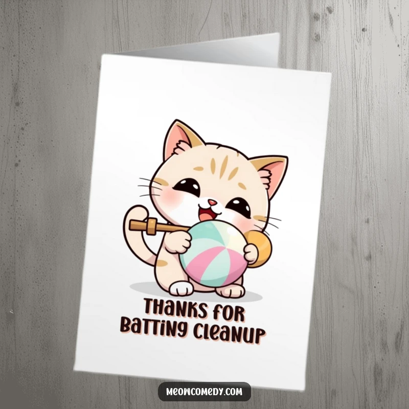 Funny Free Printable Thank You Card: A kawaii cat bats a colorful ball with delight, a sweet downloadable gift.