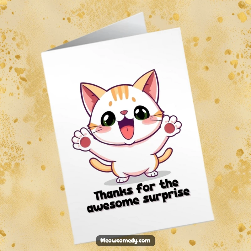 Funny Free Printable Thank You Card: An excited cat does a playful pounce, a humorous downloadable gift for saying thank you.