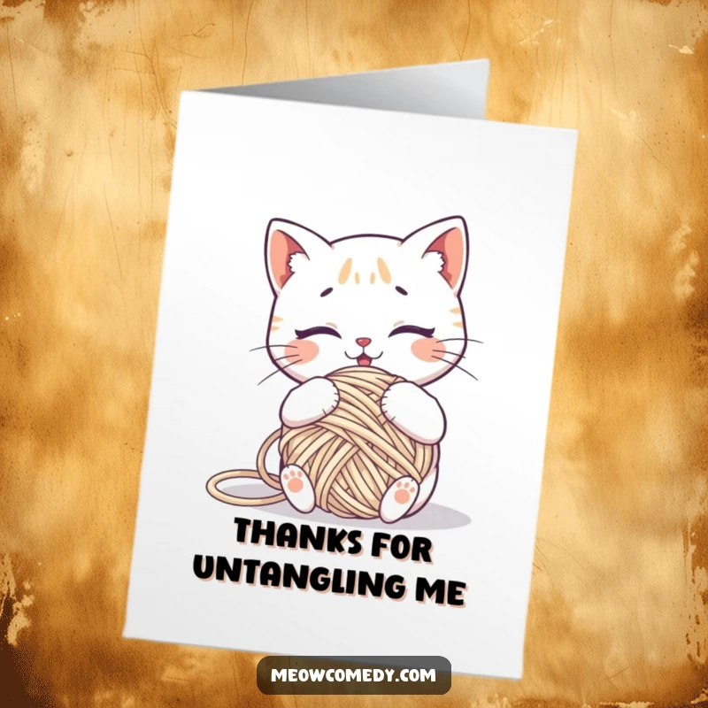 Funny Free Printable Thank You Card: A kawaii cat comically tangled in its yarn, a humorous and endearing downloadable greeting.