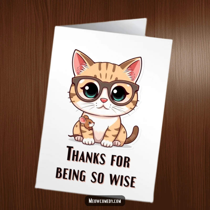 Funny Free Printable Thank You Card: Kawaii cat wearing big glasses observes a little mouse, a humorous and heartwarming download occasion.