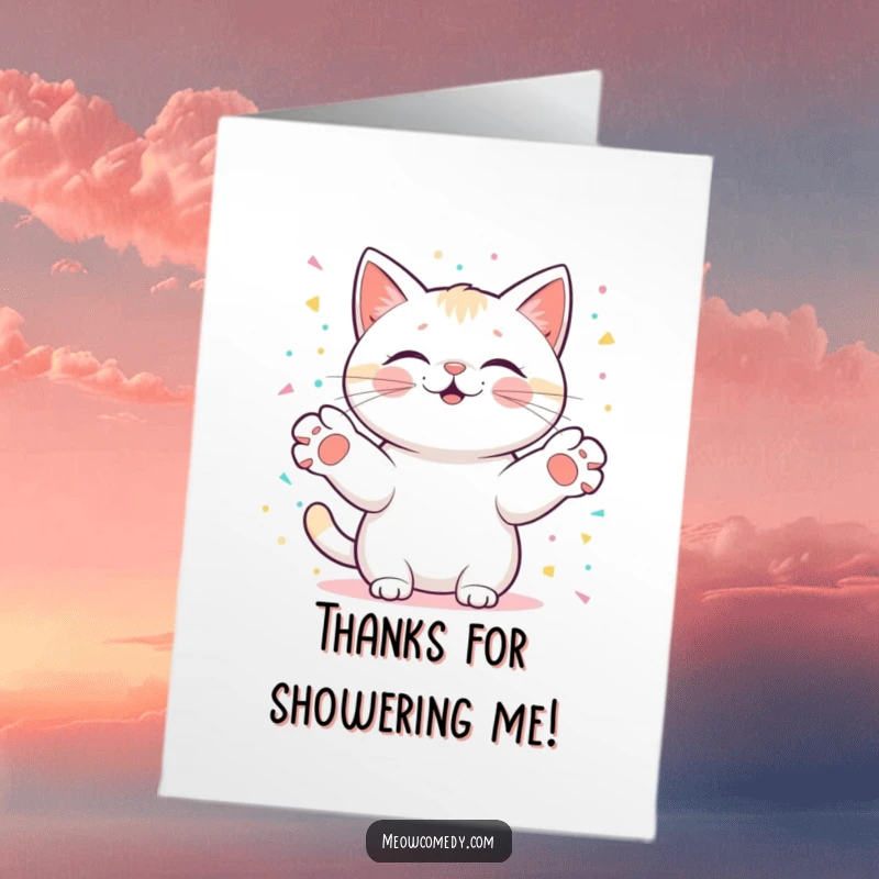 Funny Free Printable Thank You Card: Kawaii cat catching digital confetti with outstretched paws, a downloadable thank you gesture.
