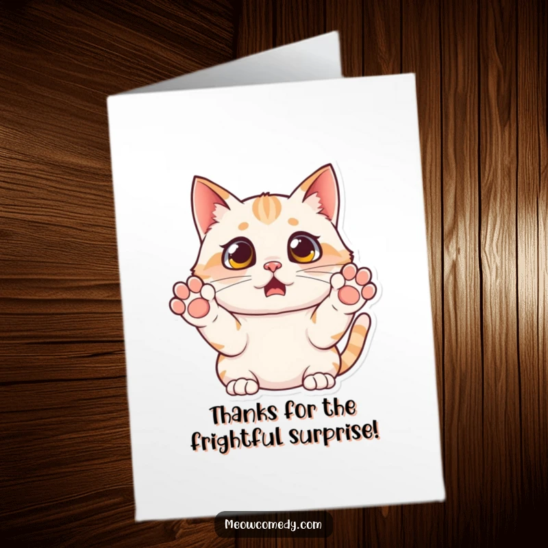 Humorous Free Printable Thank You Card of a dramatically surprised cat with paws up, conveying immense gratitude in a funny way.