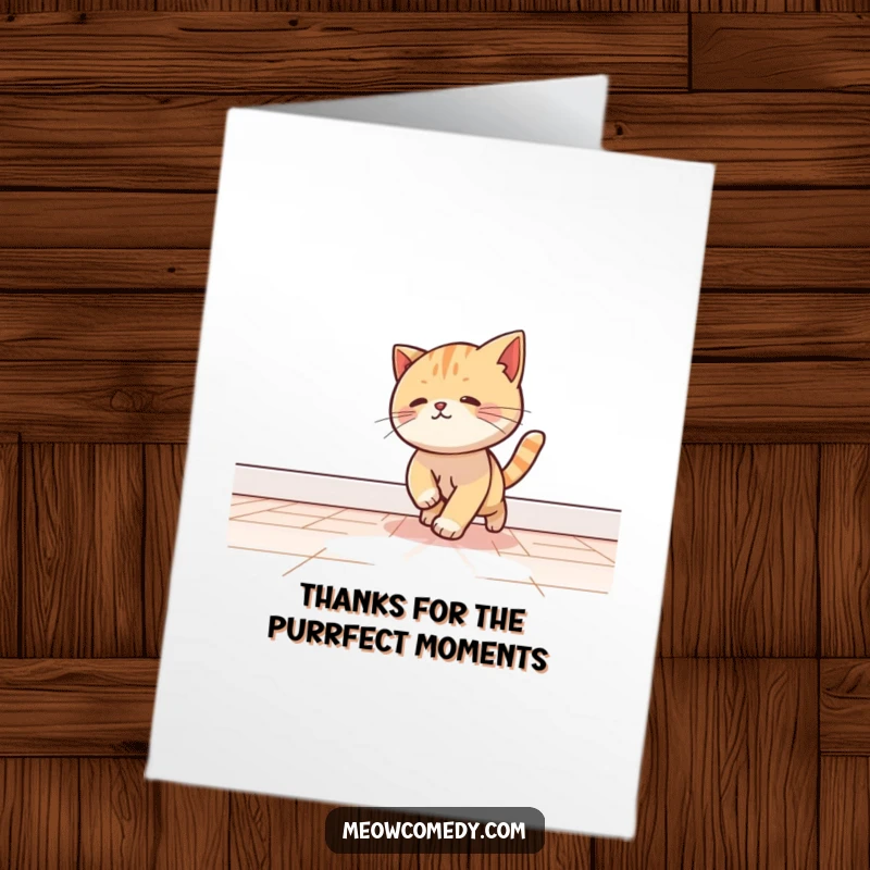Funny Free Printable Thank You Card: Kawaii Cat Playfully Chasing a Light Beam on the Floor.