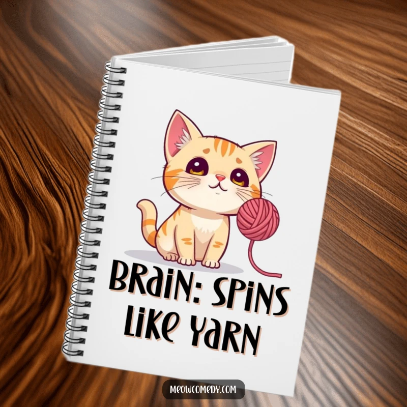 Funny Cat Notebook: A notebook cover illustration of a curious cat with perked ears, looking up at a spinning yarn ball.
