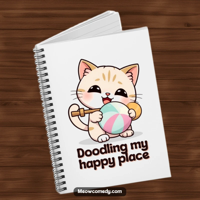 Funny notebook featuring a kawaii cat batting a colorful ball, ideal for jotting down cute and funny ideas.