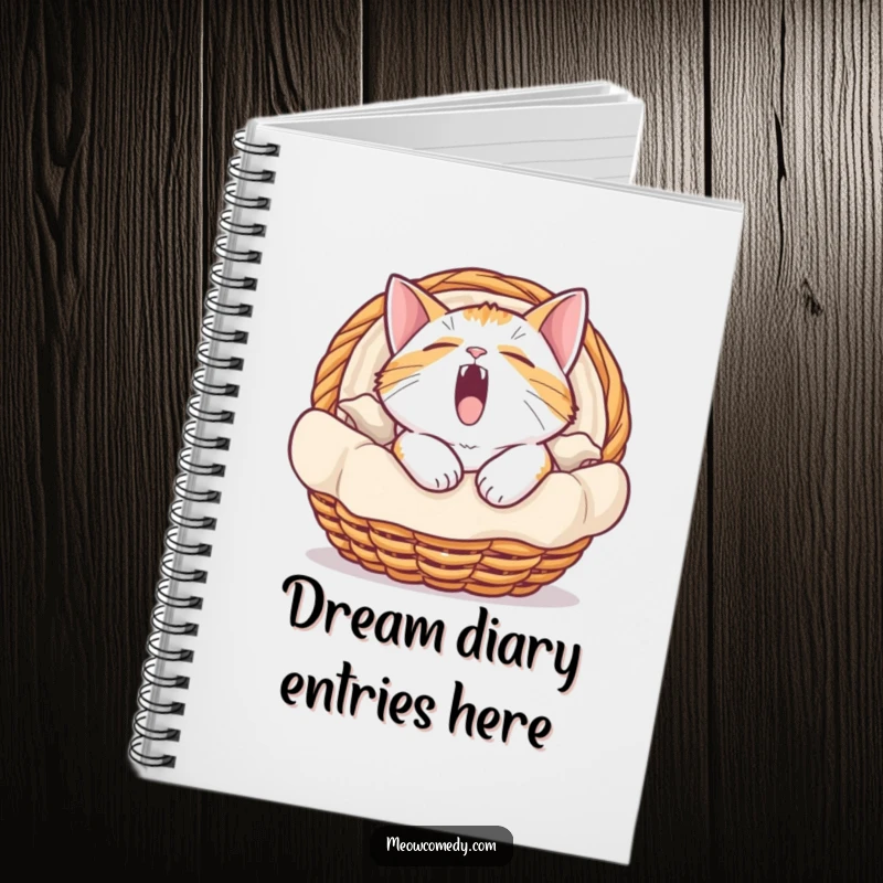 Funny notebook with a cover showing a cat in a basket, caught in a huge, relatable yawn, inspiring sleepy thoughts.
