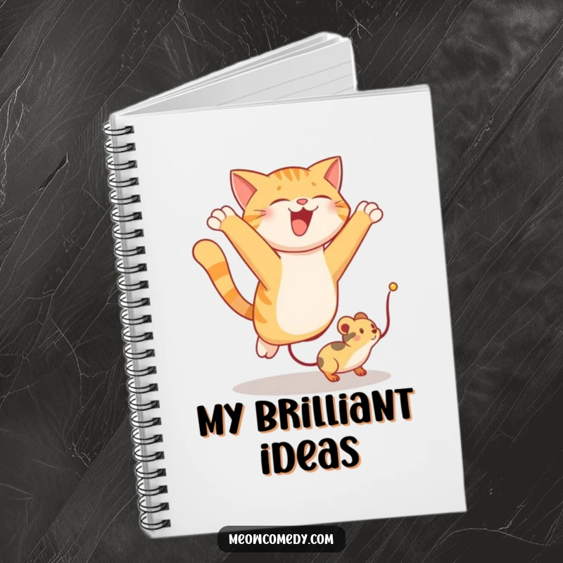 Funny notebook cover featuring a cat's dynamic leap to catch a toy mouse, ideal for jotting down funny notes.