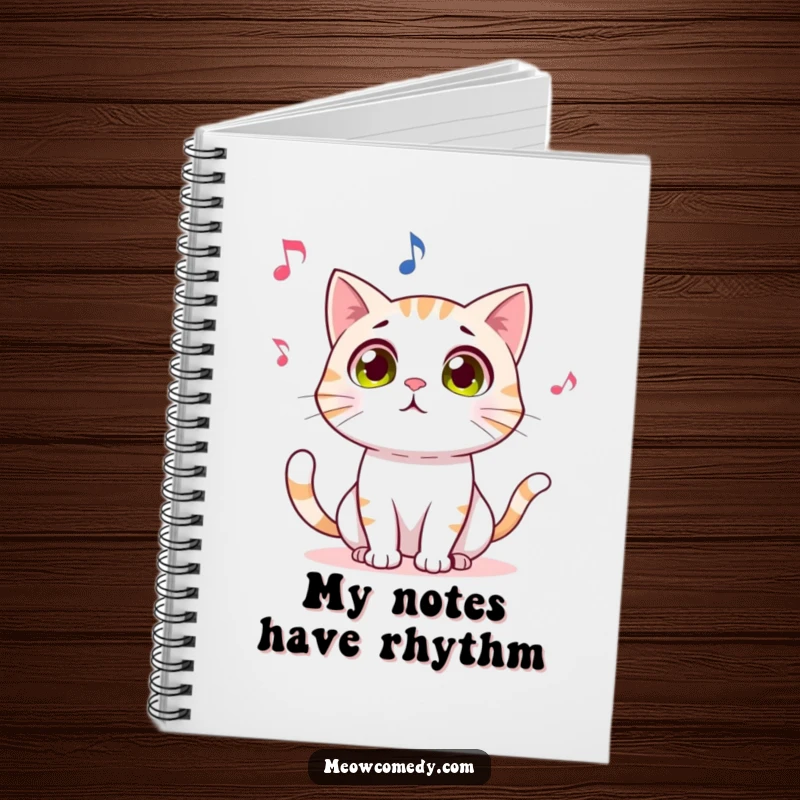 Funny notebook cover with a wide-eyed cat mesmerized by a whimsical dancing musical note, sparking imagination and creativity.