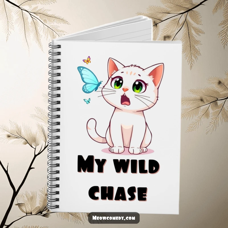 Funny surprised cat, wide startled eyes, following a dancing butterfly, on a notebook cover, great for jotting notes.