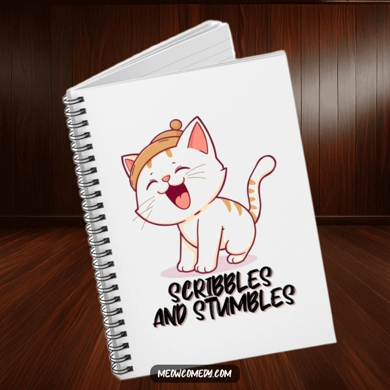 Funny cat notebook for jotting down silly ideas, featuring a cat tripping over its tail, a humorous and functional stationery.
