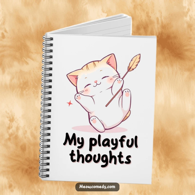 Funny Kawaii Cat Notebook: Cartoon cat tumbling with a feather toy, perfect for notes and doodles.
