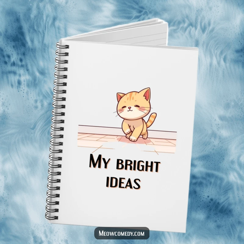 Funny kawaii cat playfully chasing a beam of light across a floor, on a notebook cover.