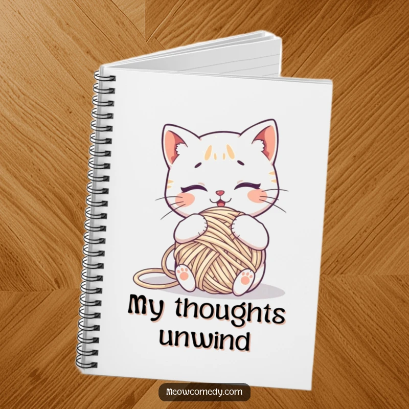 Funny kawaii cat comically tangled in a ball of yarn, a humorous notebook for creative writing.
