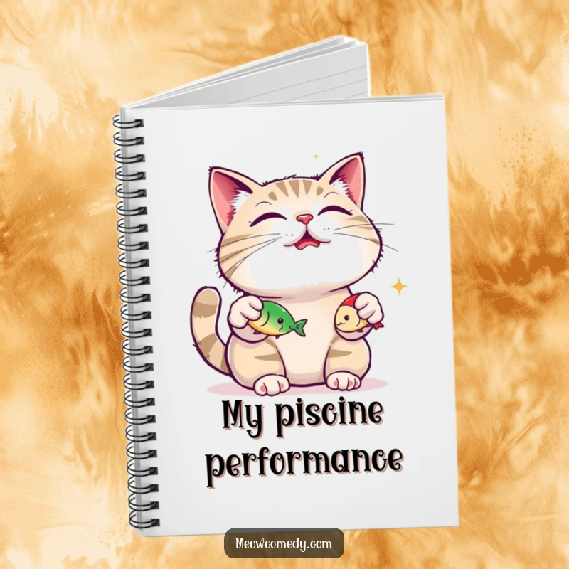 Funny content cat, purring loudly, juggling three small fish toys on a notebook, great for jotting creative ideas.