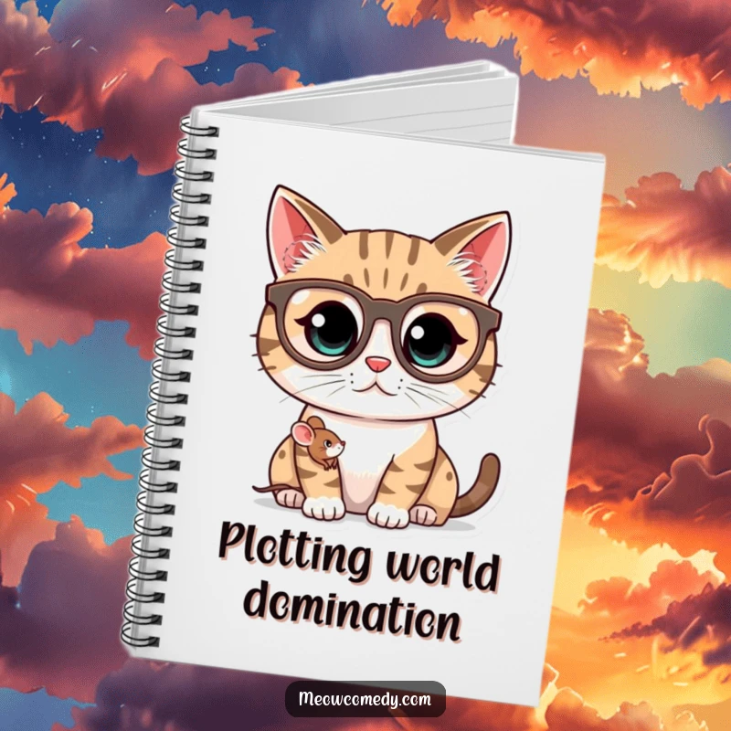 Funny kawaii cat wearing oversized spectacles, peering at a tiny mouse, a humorous notebook for notes.