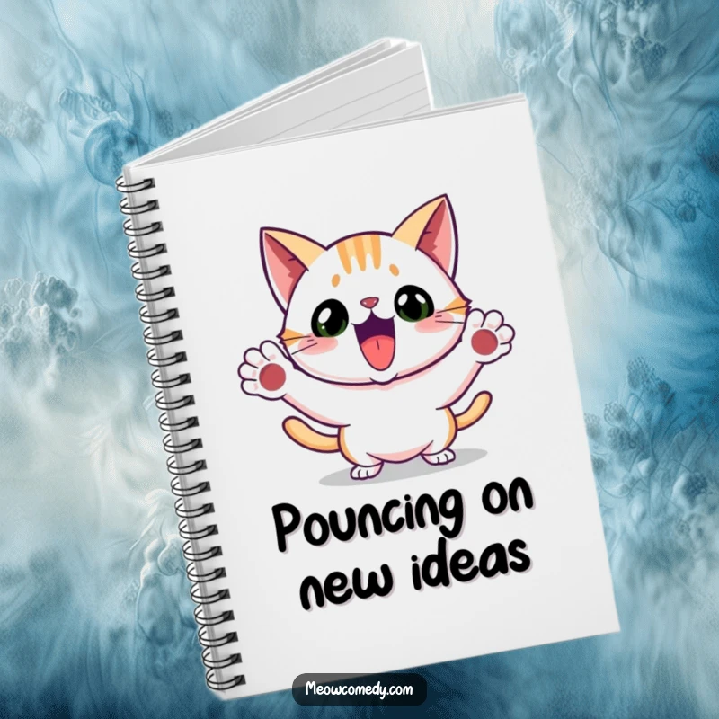 Funny notebook illustration of an excited cat doing a playful pounce, ideal for jotting down enthusiastic thoughts.