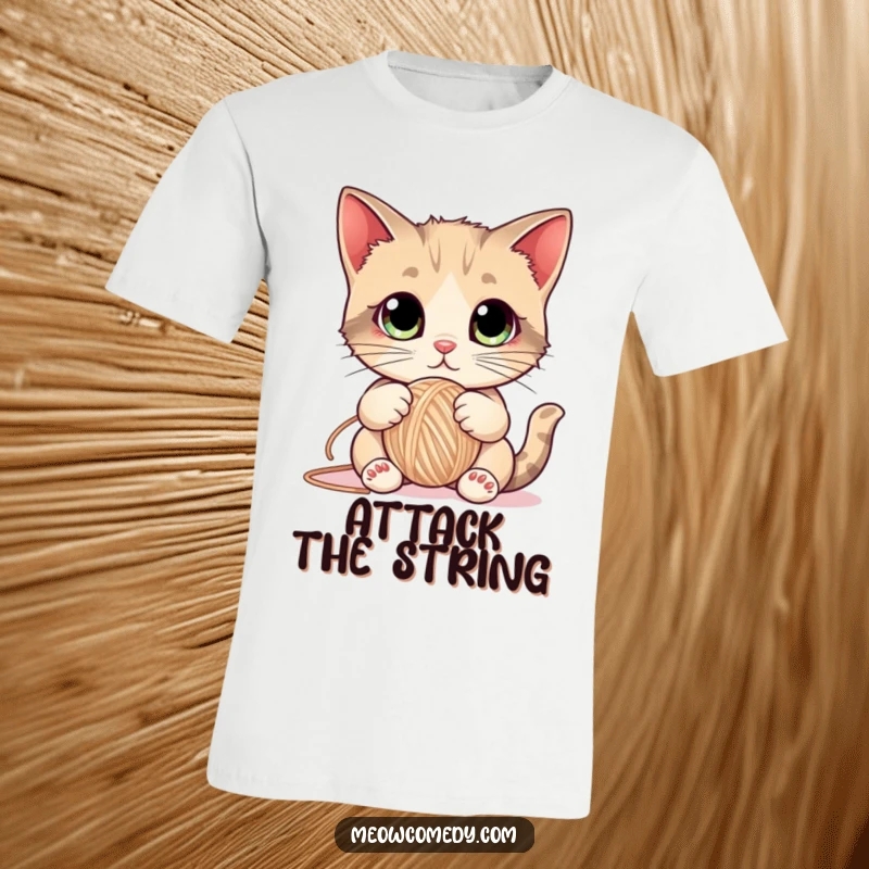 Funny Cat T-Shirt depicting a cute kitten with large eyes batting a ball of yarn, capturing playful mischief and charm.