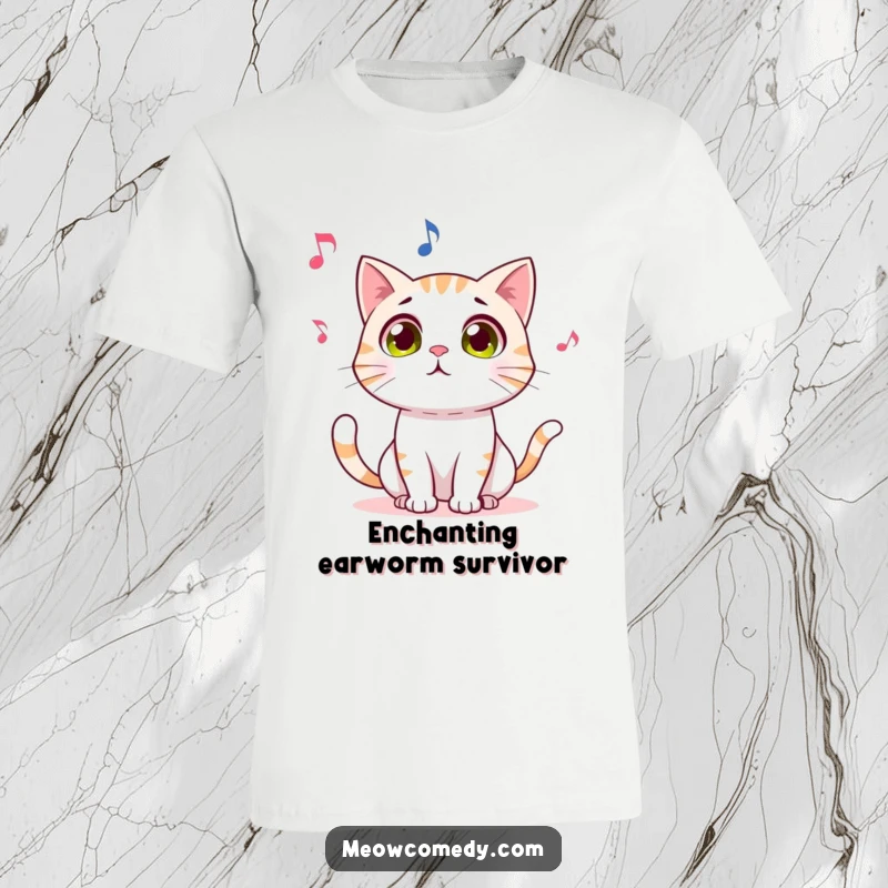 Funny t-shirt print of a wide-eyed, astonished cat intently watching a lively dancing musical note, expressing joyful fascination.
