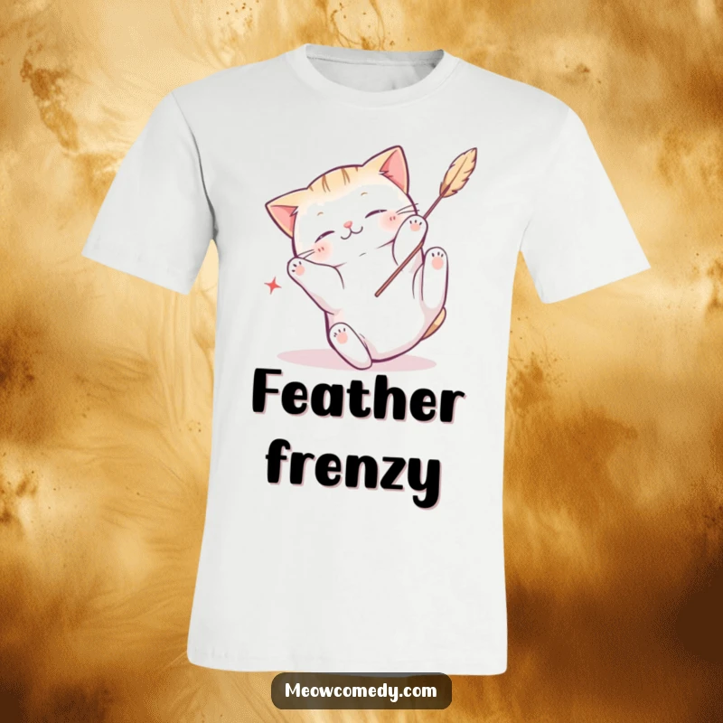 Funny Kawaii Cat T-Shirt: Cartoon cat tumbling with a feather toy, a humorous and energetic design.