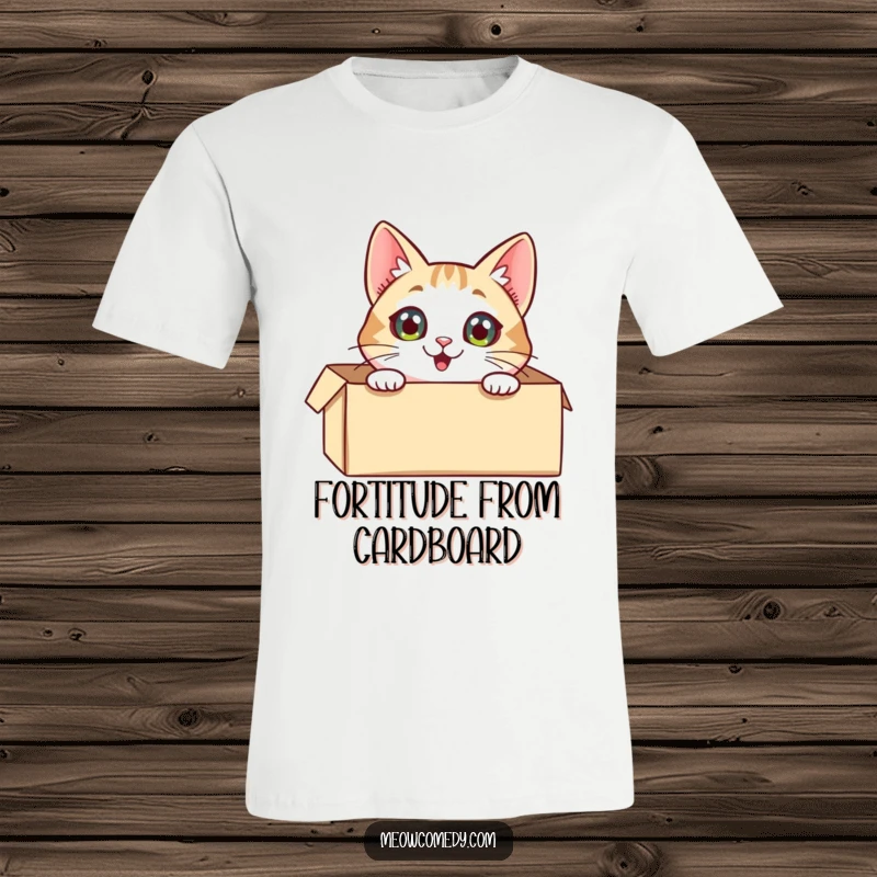 Funny Cat T-Shirt: A wide-eyed, excited cat peeking out of a box, its whiskers twitching with anticipation, a playful surprise.