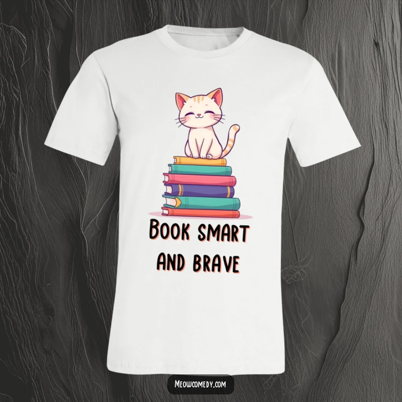 Funny t-shirt design featuring a gracefully balancing cat perched atop a colorful stack of books, exuding wisdom.