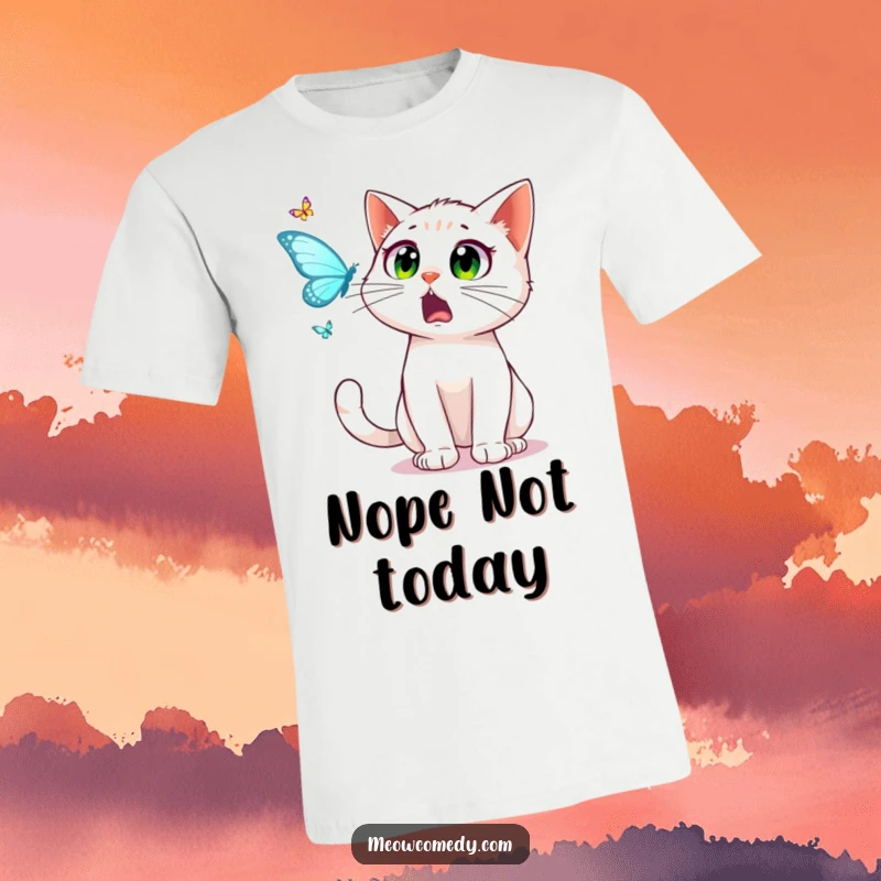 Funny startled cat, wide eyes, chasing a dancing butterfly on a t-shirt, emphasizing surprise and humor, great gift.