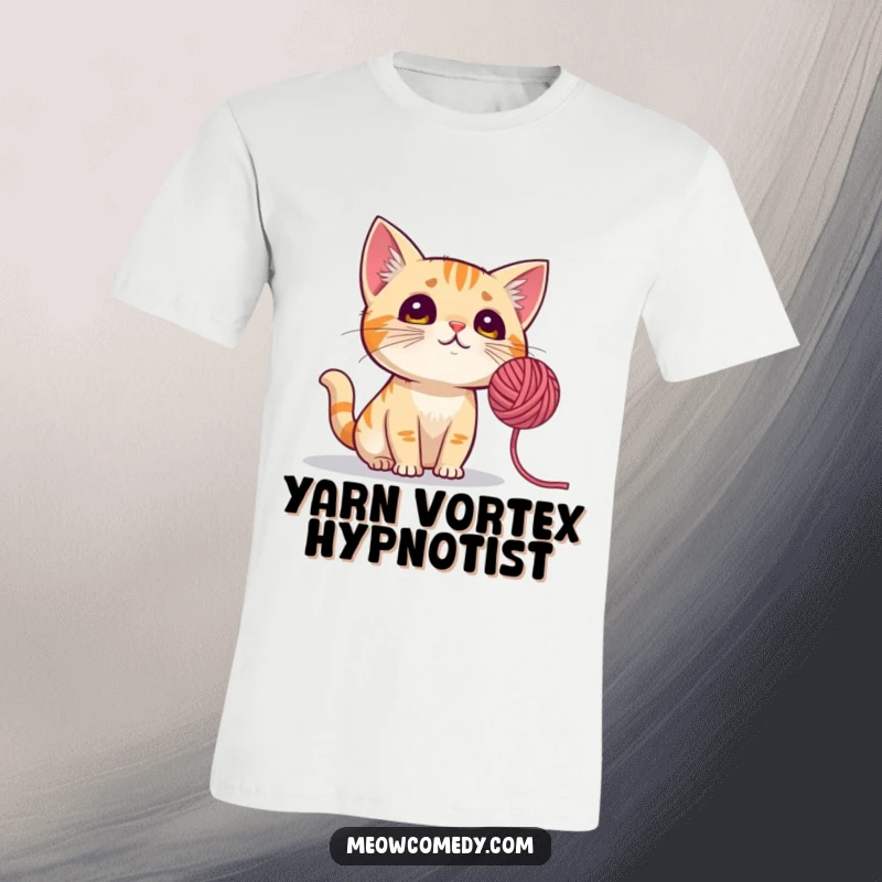 Funny Cat T-Shirt: A cute cat with attentive, perked ears focused on a rapidly spinning yarn ball.